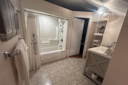 Tree top loft bathroom looking at door and shower